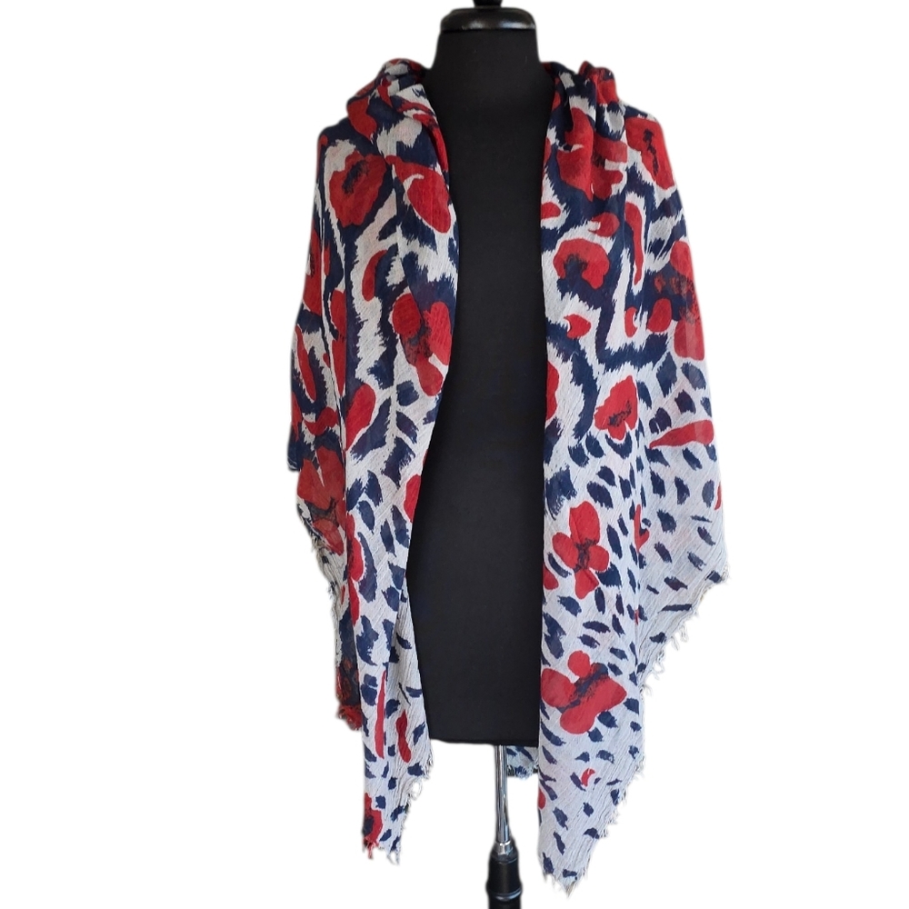 Zadig & Voltaire Red and Blue Patterned Scarf Floral Leopard Soft Modal Blend
